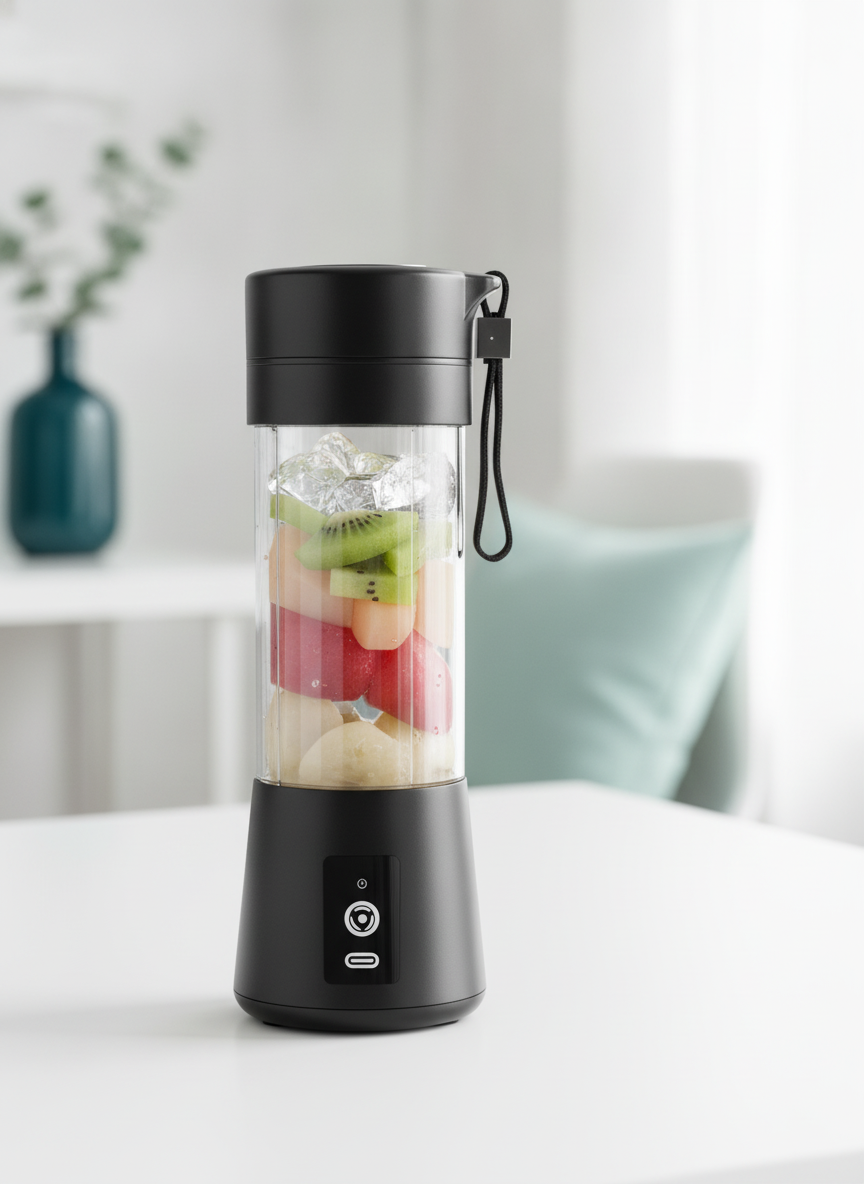 A sleek Etekcity Portable USB Juicer, white and silver, stands on a minimalist white surface in a bright, modern setting.