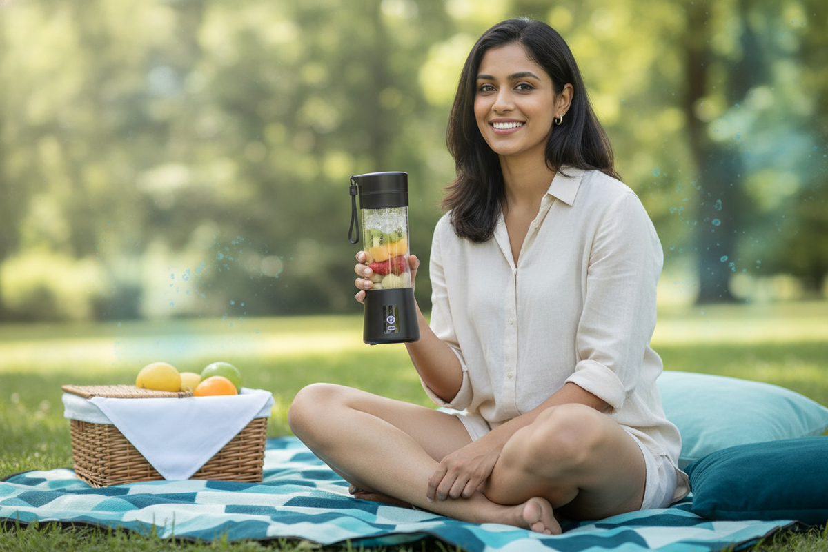 A South Asian woman smiles, holding an Etekcity Portable USB Juicer in a park with soft aqua and deep teal accents.